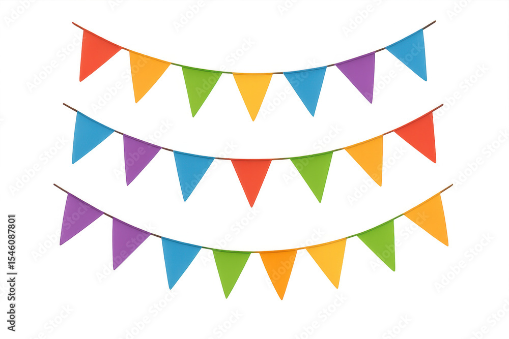 Obraz premium Brightly colored triangular party flags hanging on a string, creating a festive atmosphere on a transparent background