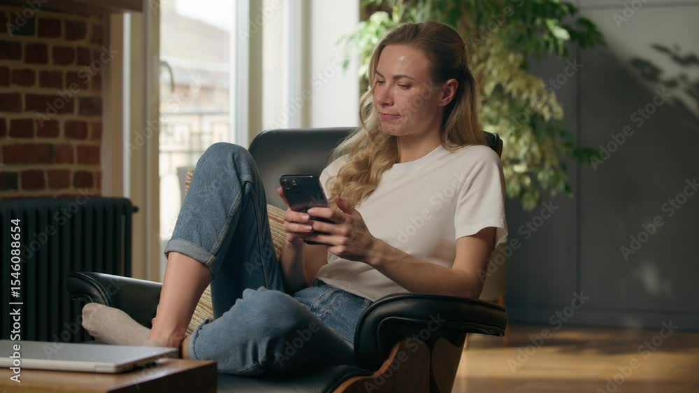 Pondering business woman using mobile phone thinking typing answer mobile phone at home Caucasian pensive female businesswoman freelancer sitting indoor browsing smartphone texting chat idea solution