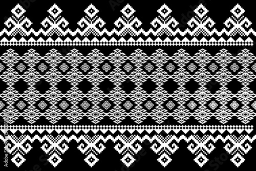A traditional Thai pixel weaving pattern in black and white, inspired by classic Pha Khao Ma and Phrae Wa fabric designs. This high-contrast geometric textile art blends heritage motifs with modern pi