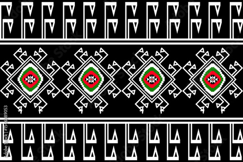 A traditional Thai tribal textile pattern in modern pixel art style, featuring diamond shapes and intricate geometric lines in red, green, white, and black. Inspired by ancient Isan weaving from north