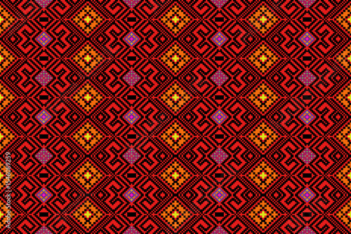A seamless traditional Thai textile pattern inspired by Phrae Wa weaving from Northeastern Thailand, designed in a modern pixel art style. The design features intricate geometric diamonds and cultural