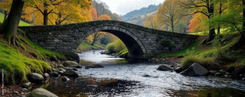 Fototapeta premium Ancient stone Ashness Bridge spanning a rushing river in Cumbria's Lake District , landscape, Lake District, arch