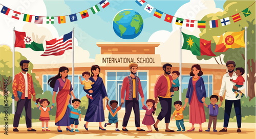International School Diverse Students and Families Celebrating Global Unity