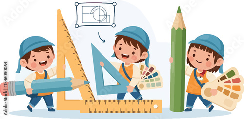 Adorable Kids Exploring Geometry and Art Supplies Fun Illustration