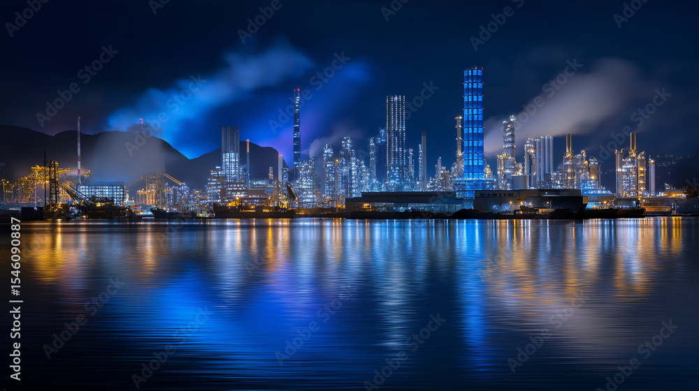 Night view of port activity with industrial lights reflection on water Night view of port activity with industrial lights reflection on water