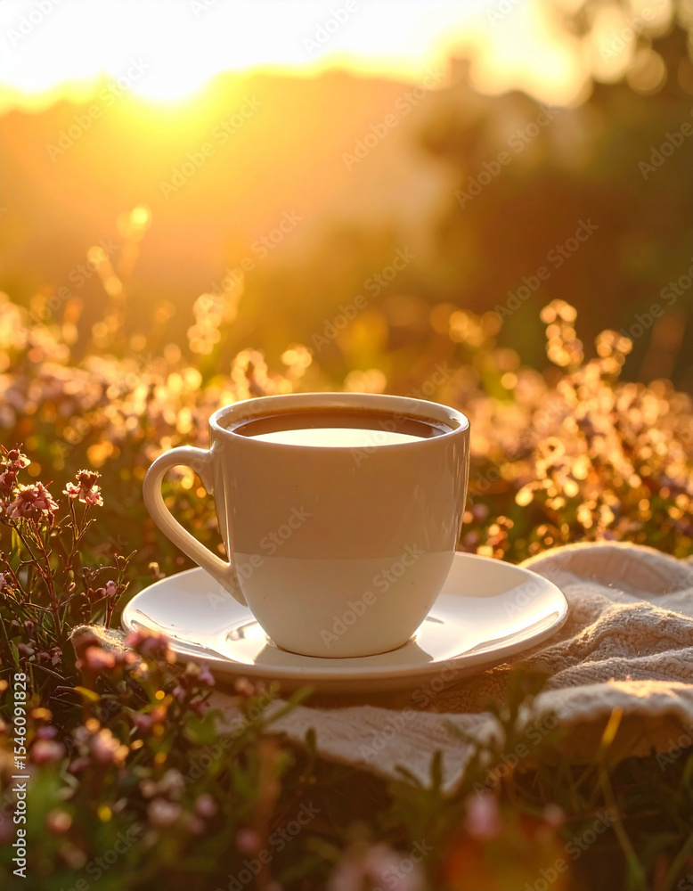 Obraz premium morning with coffee and flowers, Generated image