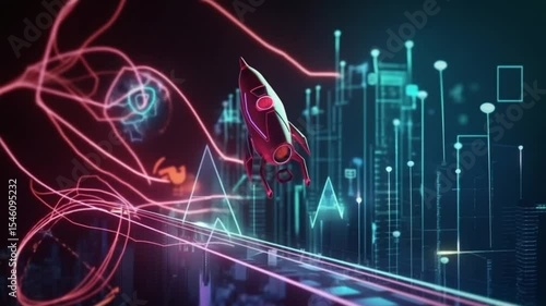 Dynamic business growth animation with futuristic city background and rocket launch