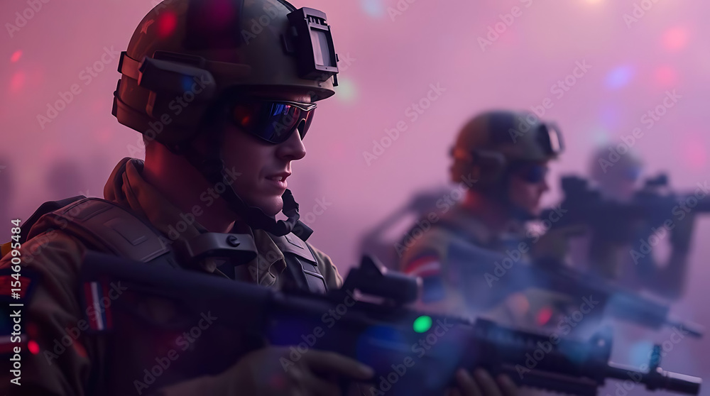 A Squad of Soldiers in Full Gear Positioned with Rifles Amidst Colorful Fog and Lights A Squad of Soldiers in Full Gear Positioned with Rifles Amidst Colorful Fog and Lights