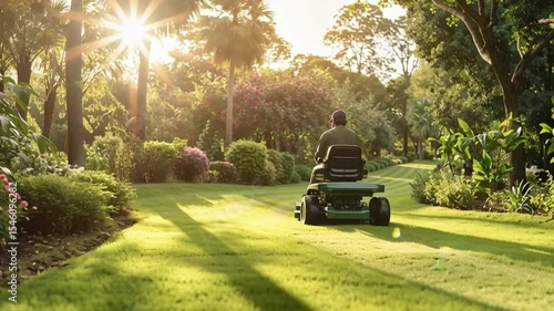 A gardener rides a lawn mower through a sunlit garden, trimming grass evenly under the clear sky.
