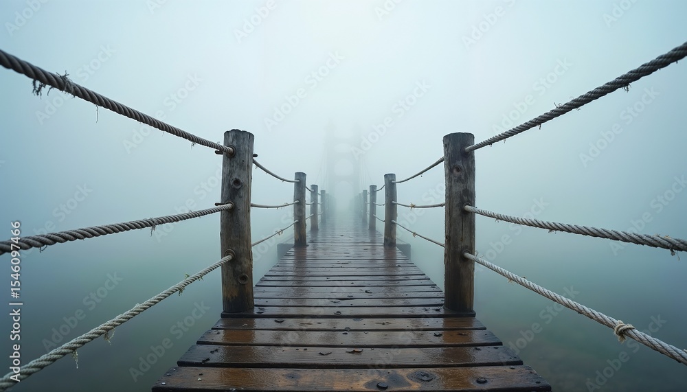 Fototapeta premium A wooden pier extends into a foggy lake. The scene is tranquil with mist enveloping the surroundings, creating a serene atmosphere.