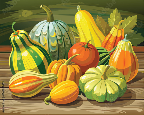 Fresh assorted squash varieties of pumpkin vector art design 