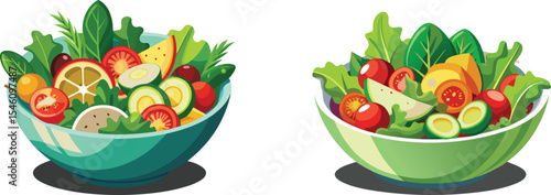 Fresh colorful salad in a bowl with mixed green vegetable vector art set design
