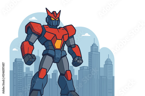 A mighty robot warrior with clenched fists stands against a backdrop of modern city skyscrapers in a cartoon vector illustration, embodying the concept of an alien soldier defending the metropolis