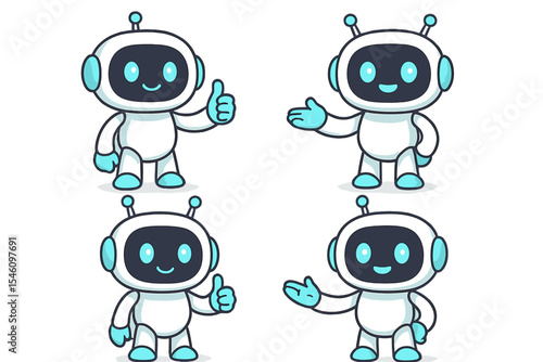 A collection of adorable robot AI characters giving a thumbs up and presentation