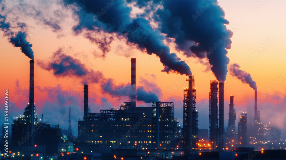 Obraz premium Industrial landscape with smokestacks emitting smoke against colorful sunset sky, highlighting environmental concerns and pollution