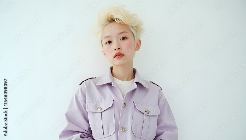 Young Person with Platinum Blonde Hair Posing in Lavender Oversized Jacket Against White Background Young Person with Platinum Blonde Hair Posing in Lavender Oversized Jacket Against White Background