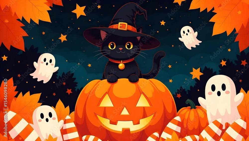 A charming illustration features a black cat dressed as a witch sitting atop a jack-o'-lantern, with friendly ghosts floating nearby, ideal for Halloween. A charming illustration features a black cat dressed as a witch sitting atop a jack-o'-lantern, with friendly ghosts floating nearby, ideal for Halloween.