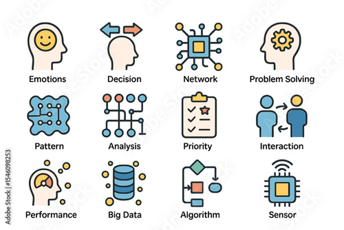 A set of intelligent machine learning vector icons is available, featuring symbols for emotions, decision-making, networks, problem-solving, patterns, analysis, performance, priority, interaction