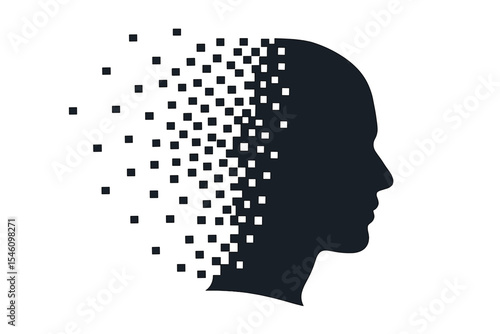 A man's head is represented as a vector silhouette derived from pixel transformation, set against a conceptual background of human future and technology