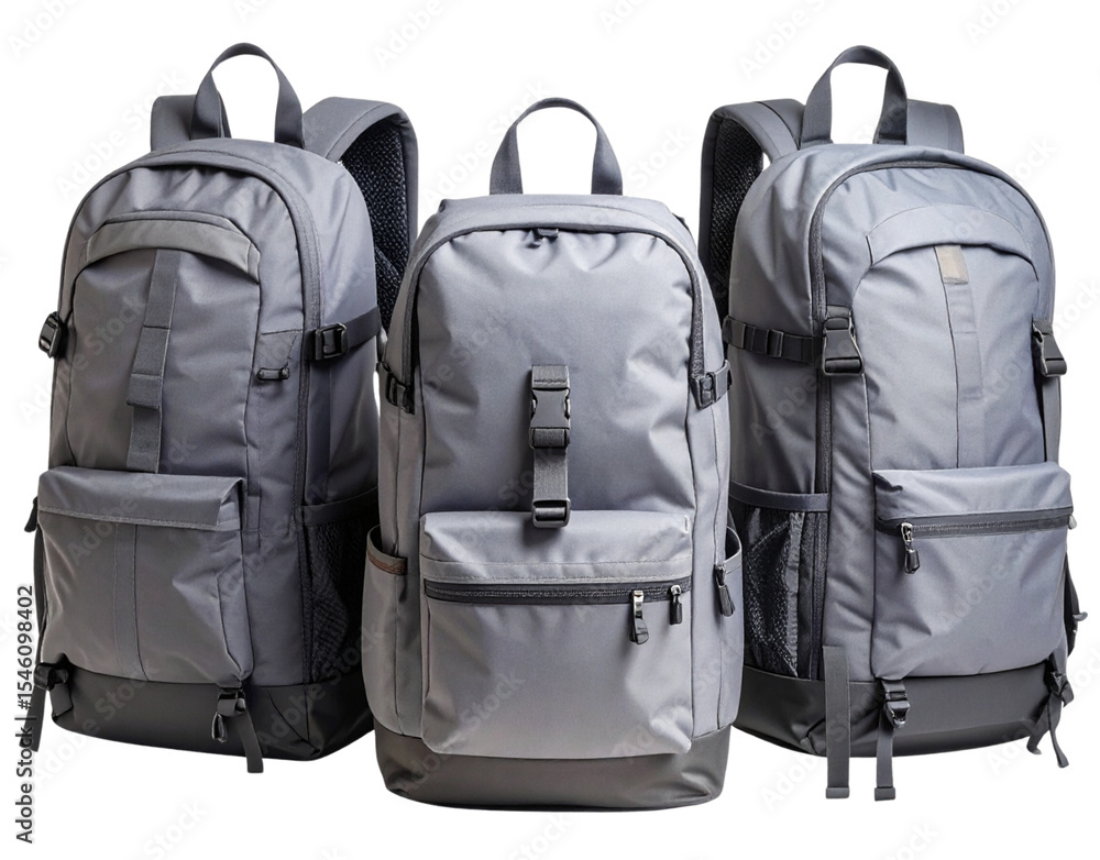 Fototapeta premium - Three Black Hiking Backpack with Pockets and Clips, isolated on transparent background.