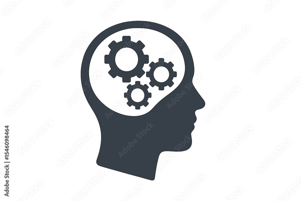 Logo of human head with tech gear, Cogwheel engineering and technology inside the brain, , Simple flat design icon symbol, Isolated on a white background, Vector illustration Logo of human head with tech gear, Cogwheel engineering and technology inside the brain, , Simple flat design icon symbol, Isolated on a white background, Vector illustration