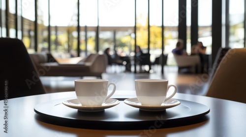 Common settings of cafe interior with a pair of coffee cups on a small table
