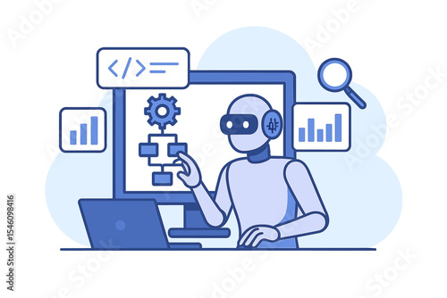 illustration develops and implements machine learning programs while examining input data, creating vector designs for various platforms