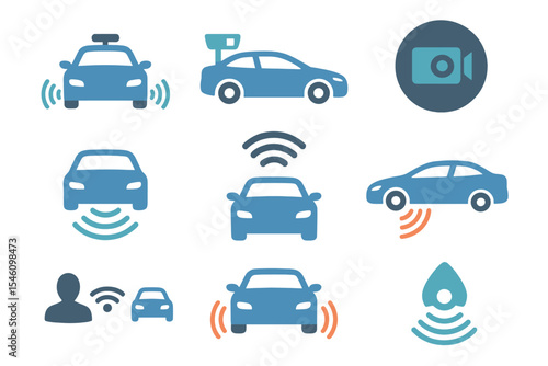 Vector icon set for autonomous self-driving car sensor control systems, featuring driverless vehicle advanced assistance and remote technology symbols with cameras and radars
