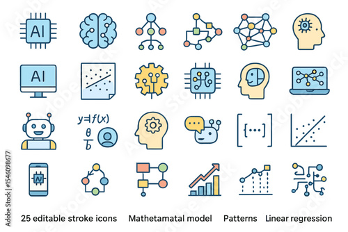 A collection of machine learning icons is available, featuring 25 editable stroke icons for , neural networks, mathematical models, patterns, chatbots, and linear regression in data science and