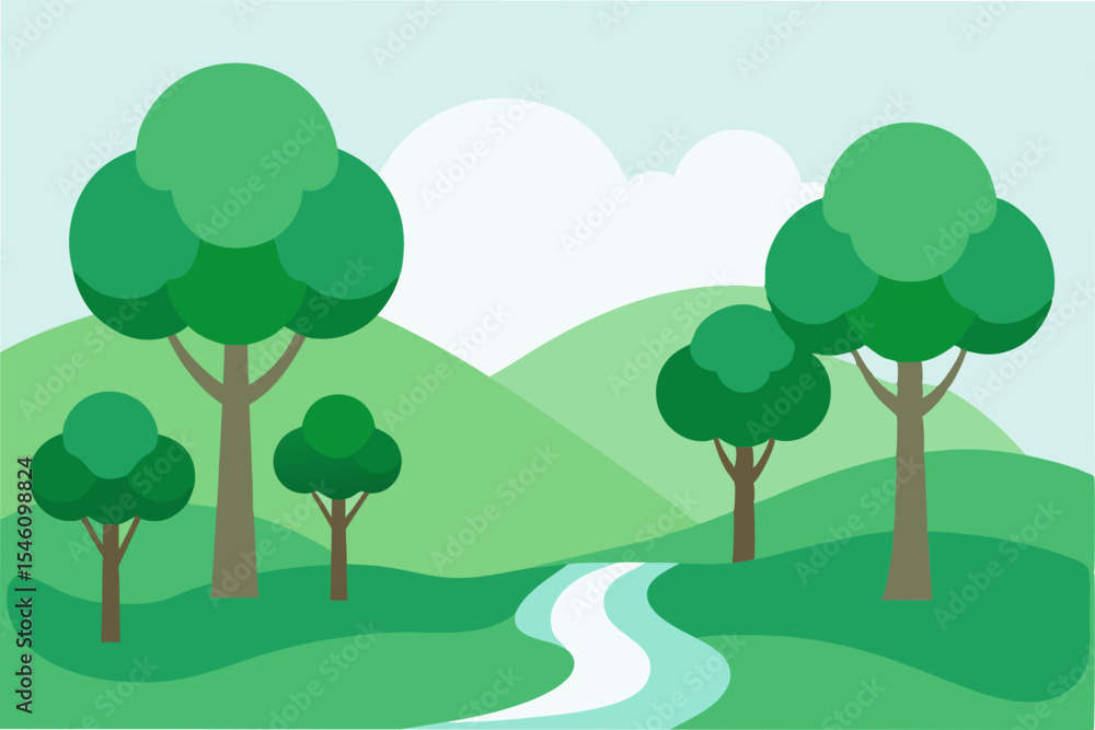 Fototapeta premium Serene Landscape Gentle Hills, Winding River, Lush Green Trees