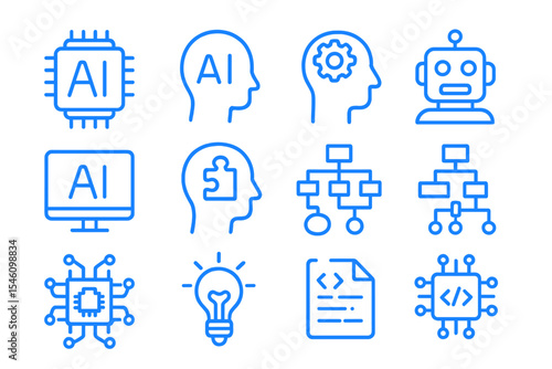A set of blue line icons representing AI , including concepts such as cybernetics, machine learning, robotics, problem-solving algorithms, and AI technology, all in 256x256 pixel perfect vector