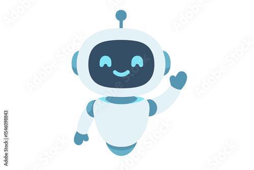 A cheerful robotic figure is depicted as a 3D AI character, serving as a chat bot mascot set against a plain white background, symbolizing a GPT chatbot icon, representing modern technology, customer