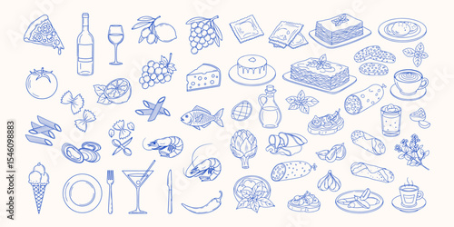 Hand drawn italian food set. Mediterranean lunch and dinner doodle icons. Pasta, olive, pizza, cheese, tomato, lemon, wine. Dolce vita aesthetics. Perfect for print, design menu, sticker.