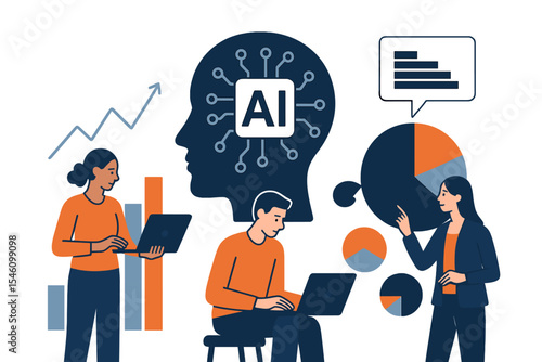 Modern vector illustration representing the concept of a  tool for data analysis in business, featuring people utilizing AI technology for charts and marketing strategy