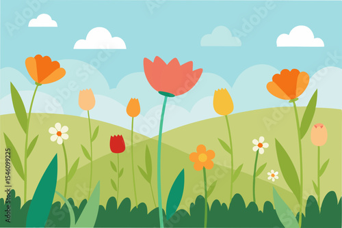 Vibrant Spring Meadow A Colorful Floral Landscape Illustration