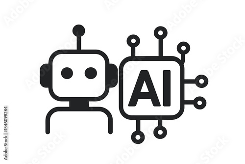 AI pictogram represents technology related to s, computers, and intelligent systems through a robotic graphic, serving as a vector  logo or symbol and a tech icon