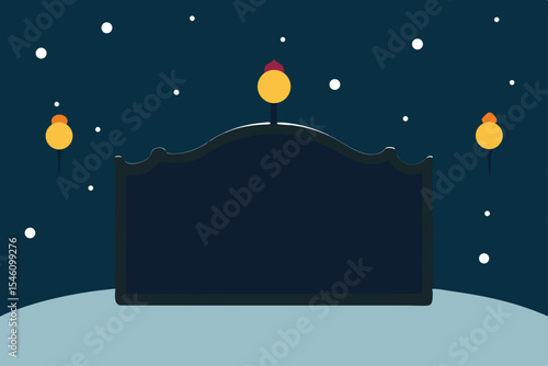 Winter Night Scene Blank Signpost with Festive Lights