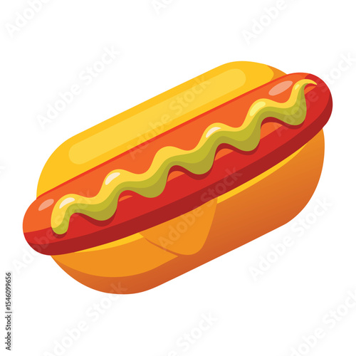 Clean vector of a hot dog with mustard and ketchup on a bun, white background