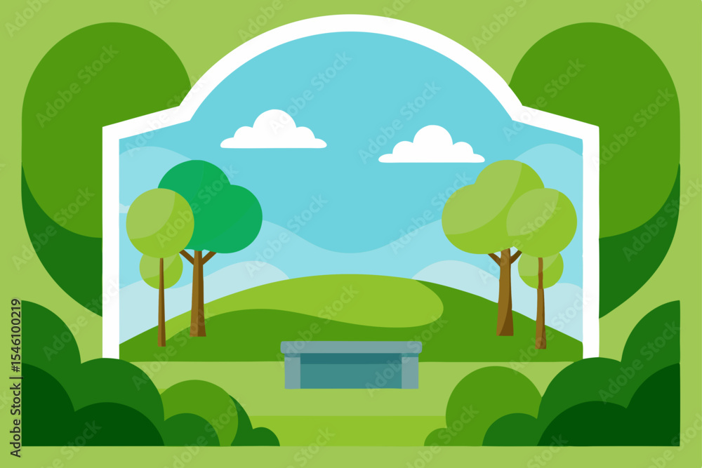 Fototapeta premium Serene Park Landscape Tranquil Green Hills, Lush Trees, and a Peaceful Bench