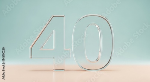Transparent glass number forty standing on smooth surface with soft blue background