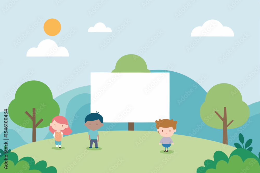Fototapeta premium Happy Kids by Blank Signpost A Summer Day in the Park Illustration