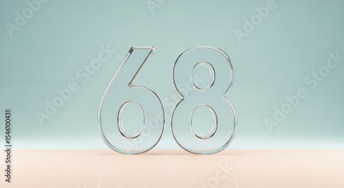 Transparent glass number sixty eight standing on a smooth surface with soft gradient background