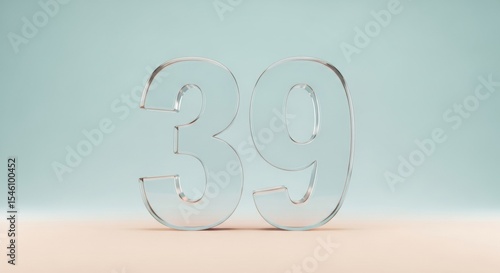 Transparent 3d number thirty nine standing on pastel surface in minimal style