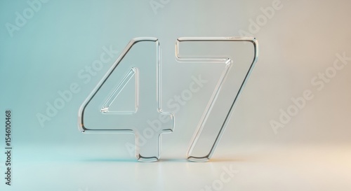 Transparent glass number forty seven standing on smooth reflective surface with gradient background