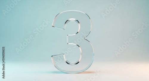 Transparent glass number three standing on smooth gradient background showcasing minimalist design