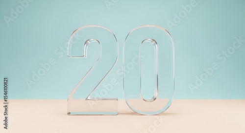 Transparent glass number twenty standing on a light surface with a blue background