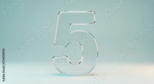 Transparent glass number five standing on light blue background minimalistic style