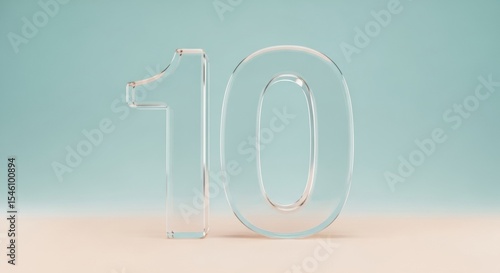 Transparent glass number ten standing on a neutral surface with blue background as minimalist concept