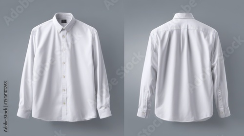 White shirt mockup template with long sleeves isolated on a gray background with front and back views in a flat lay Mockup of a white mens dress buttondown formal wear.