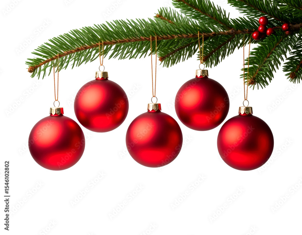 Adorned Branch: Five radiant red ornaments dangle gracefully from a lush green Christmas tree branch, infusing the atmosphere with anticipation of holiday cheer and cozy festivities. Adorned Branch: Five radiant red ornaments dangle gracefully from a lush green Christmas tree branch, infusing the atmosphere with anticipation of holiday cheer and cozy festivities.